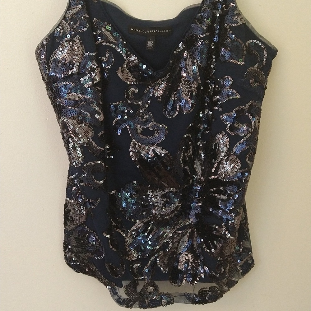 White House Black market large camisole adjustable straps Navy black mini sequin